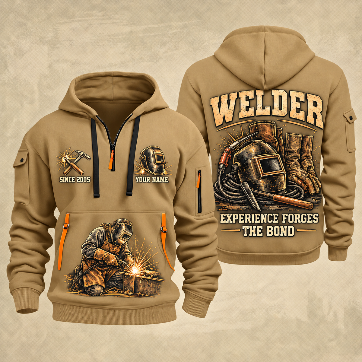 Welder Tools of the Trade quarter-zip hoodie in Khaki, front and back, YOUR NAME and SINCE 2005 artwork