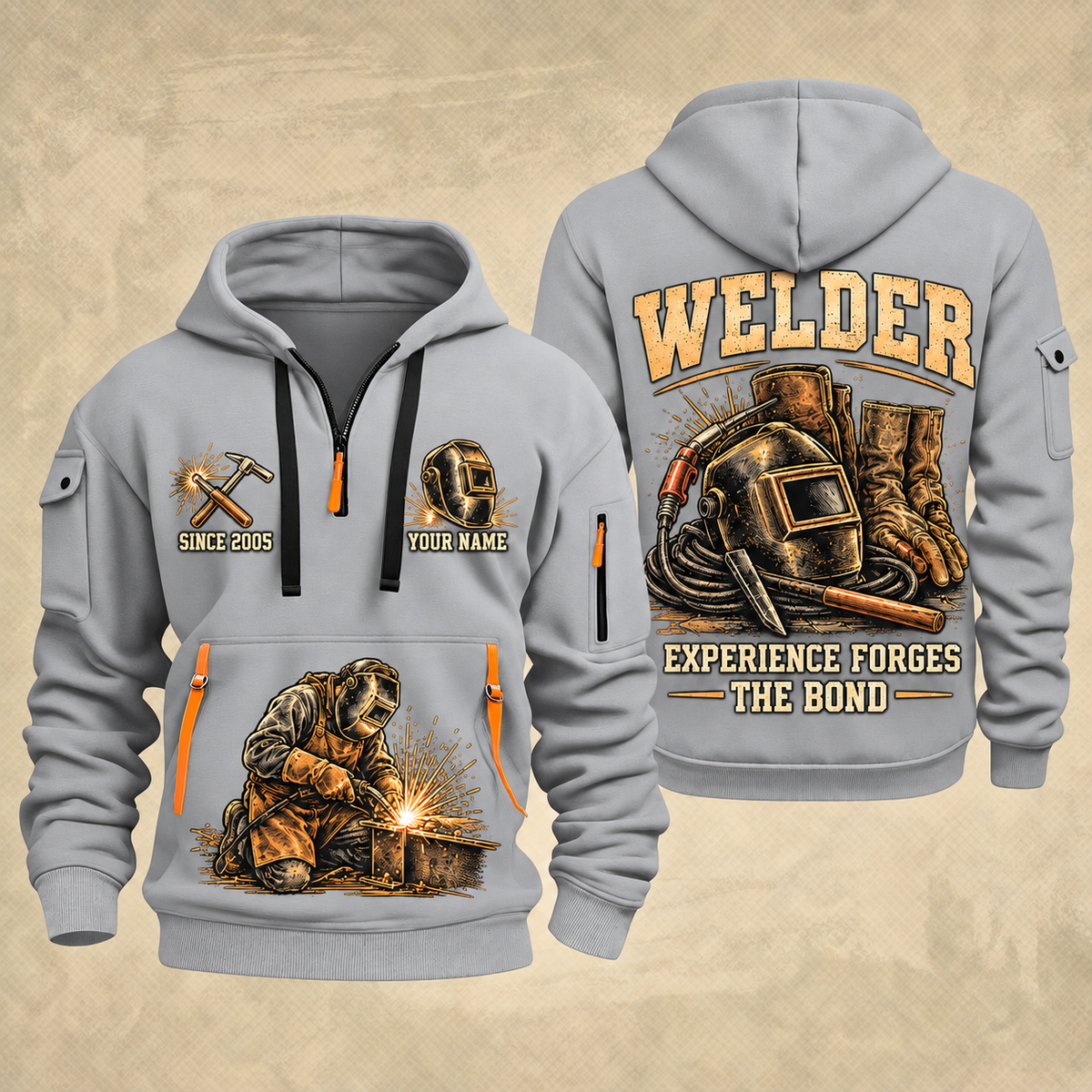 Welder Tools of the Trade quarter-zip hoodie in Light Grey, front and back, YOUR NAME and SINCE 2005 artwork