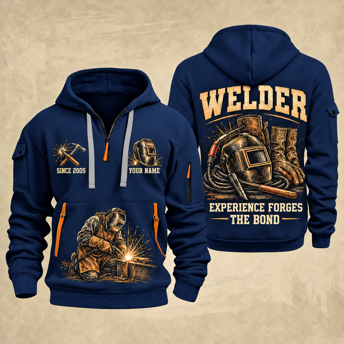 Welder Tools of the Trade quarter-zip hoodie in Navy, front and back, YOUR NAME and SINCE 2005 artwork