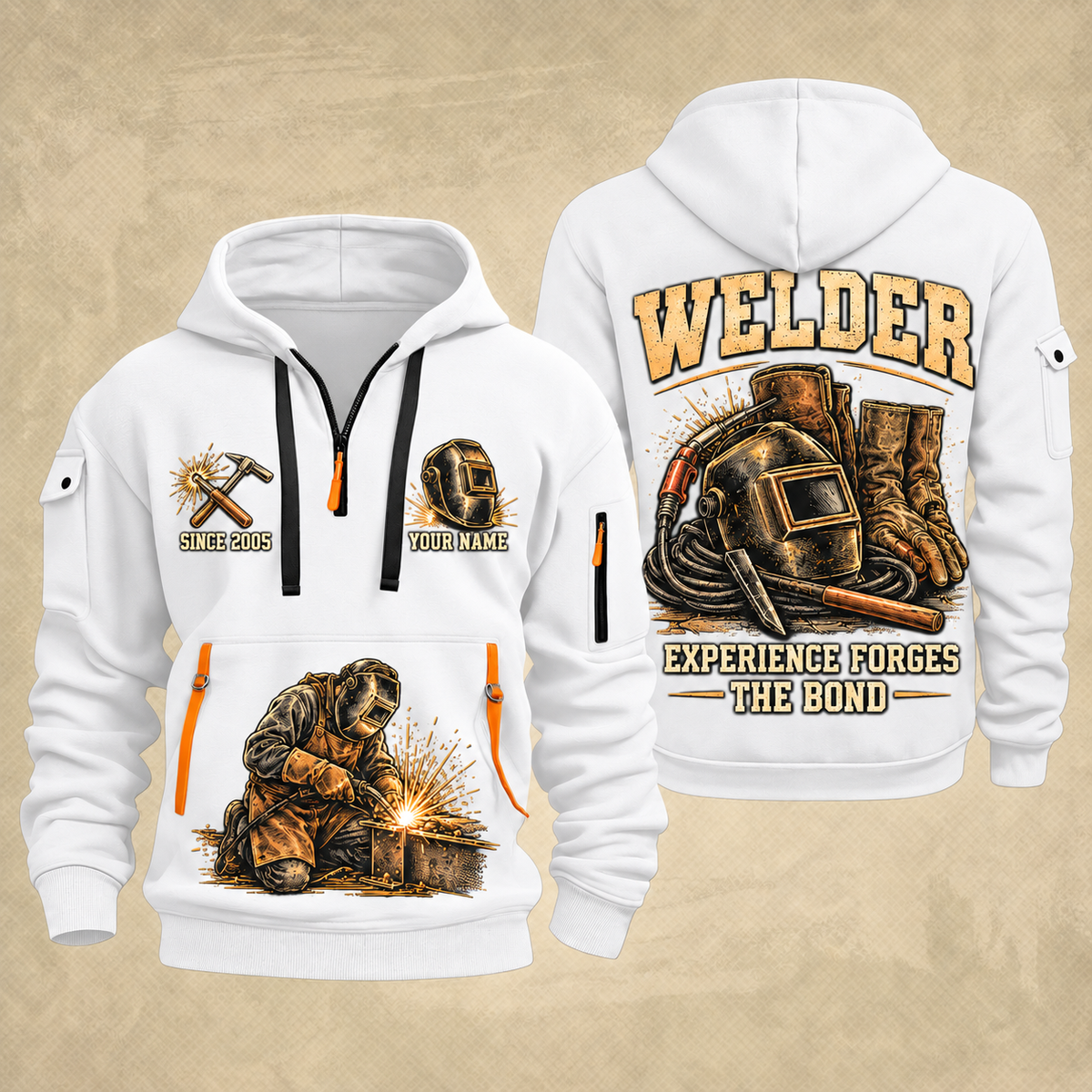 Welder Tools of the Trade quarter-zip hoodie in White, front and back, YOUR NAME and SINCE 2005 artwork