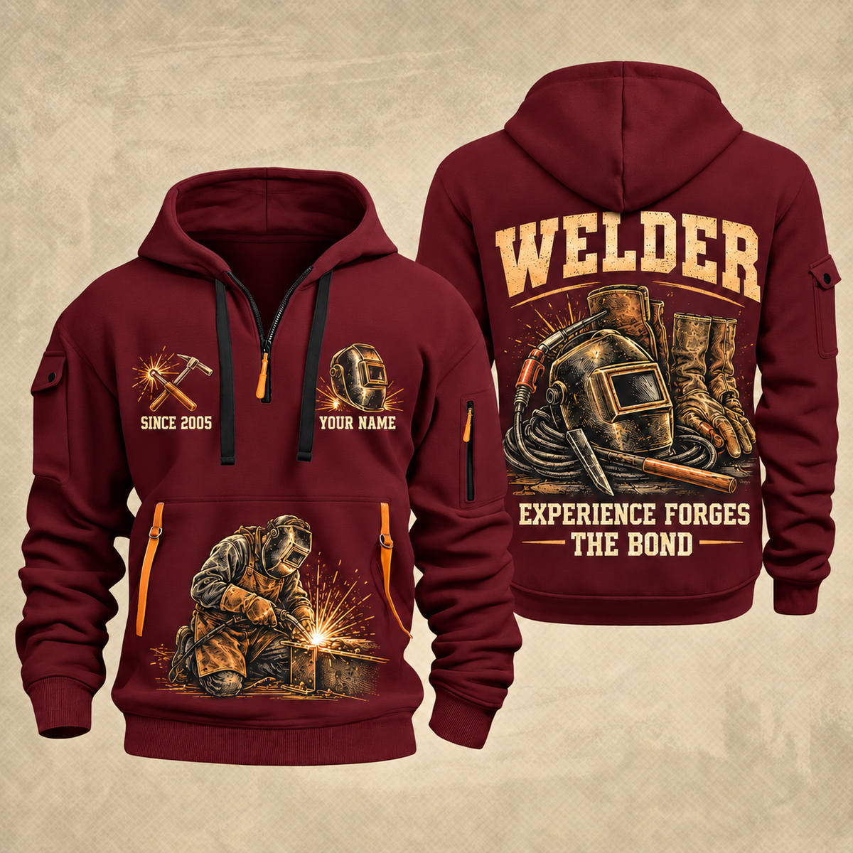 Welder Tools of the Trade quarter-zip hoodie in Wine Red, front and back, YOUR NAME and SINCE 2005 artwork