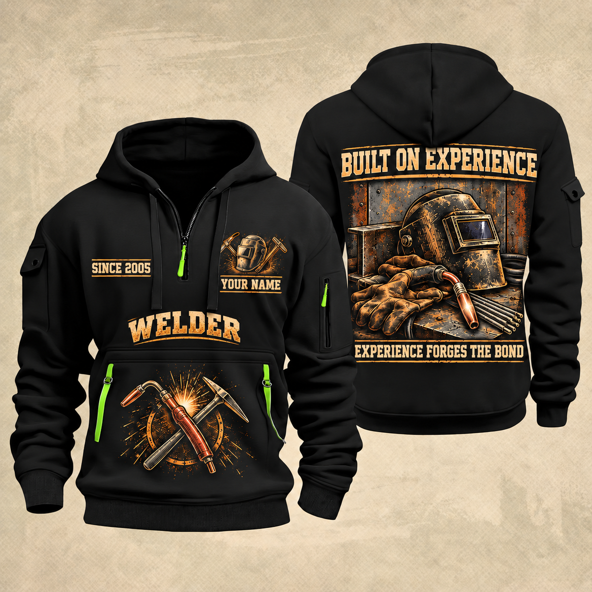 Welder Steel and Skill quarter-zip hoodie in Black, front and back, YOUR NAME and SINCE 2005 artwork