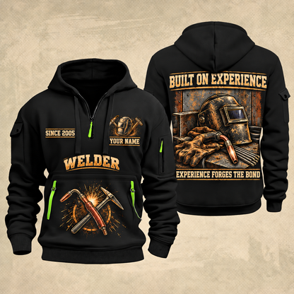 Welder Steel and Skill quarter-zip hoodie in Black, front and back, YOUR NAME and SINCE 2005 artwork