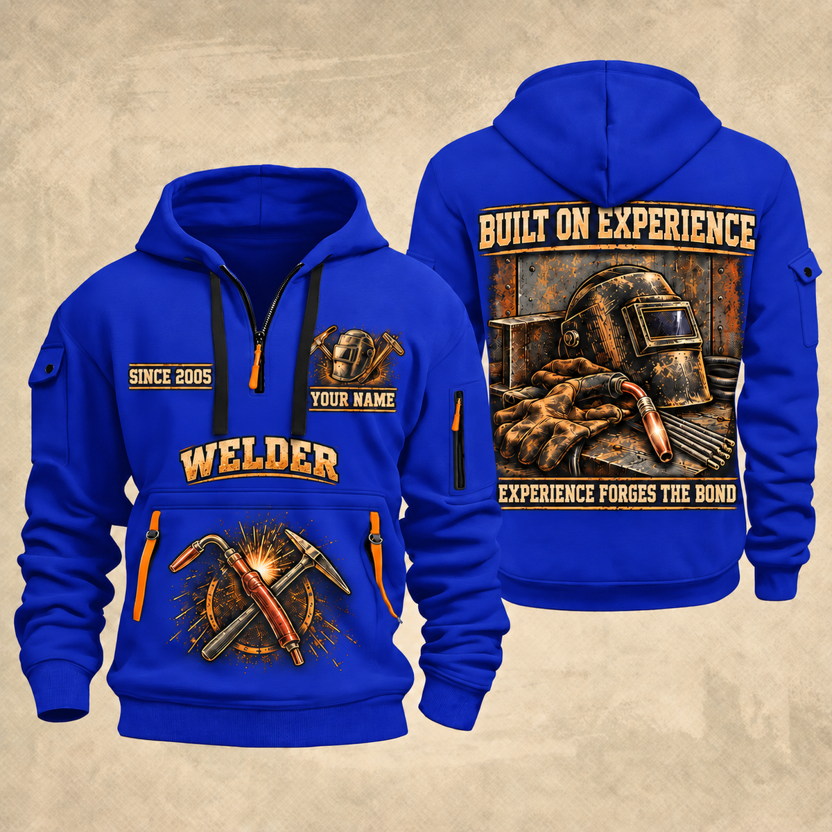 Welder Steel and Skill quarter-zip hoodie in Blue, front and back, YOUR NAME and SINCE 2005 artwork