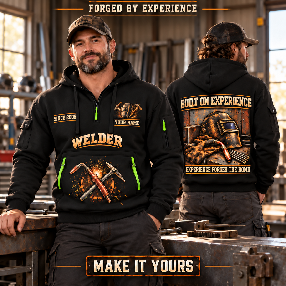 Welder wearing Steel and Skill quarter-zip hoodie in their workplace; product introduction and shopping call to action