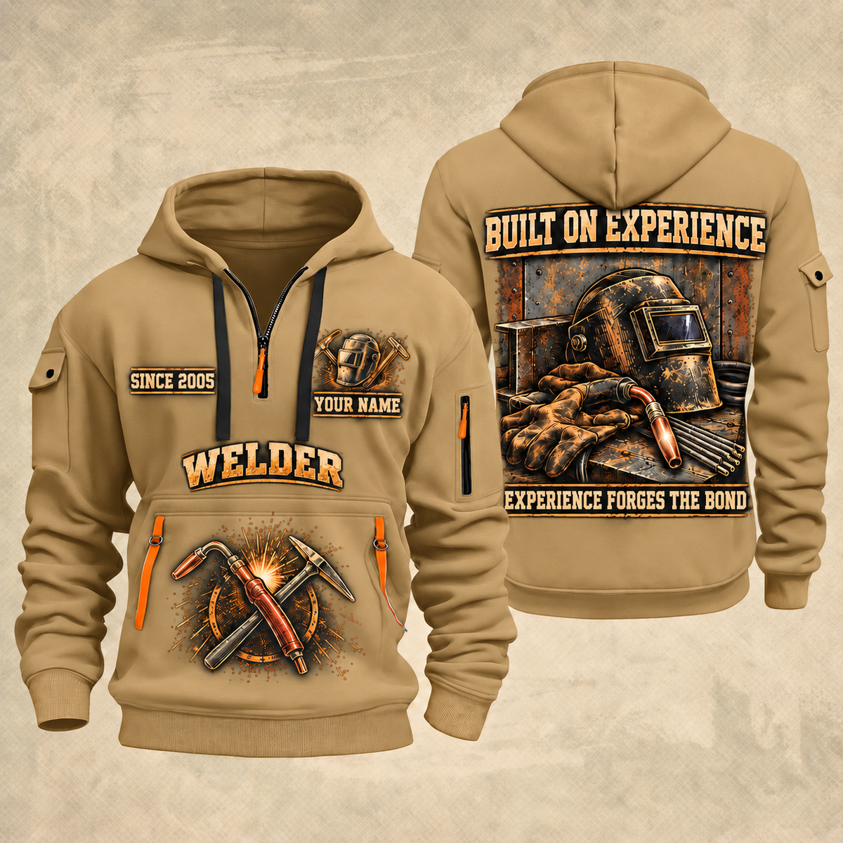 Welder Steel and Skill quarter-zip hoodie in Khaki, front and back, YOUR NAME and SINCE 2005 artwork