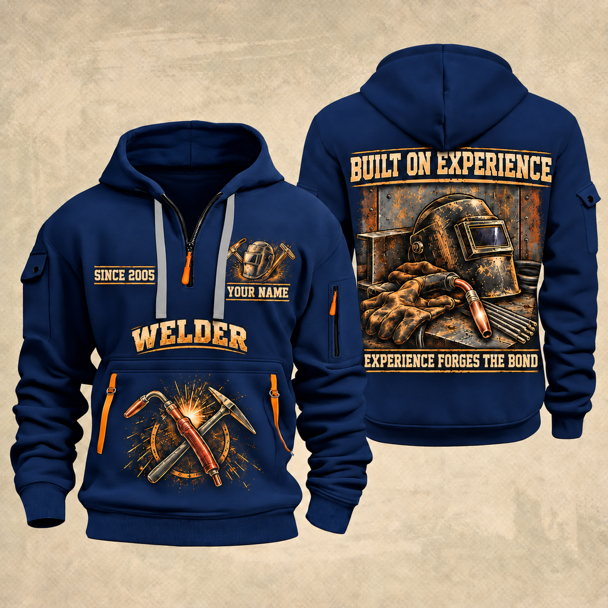 Welder Steel and Skill quarter-zip hoodie in Navy, front and back, YOUR NAME and SINCE 2005 artwork