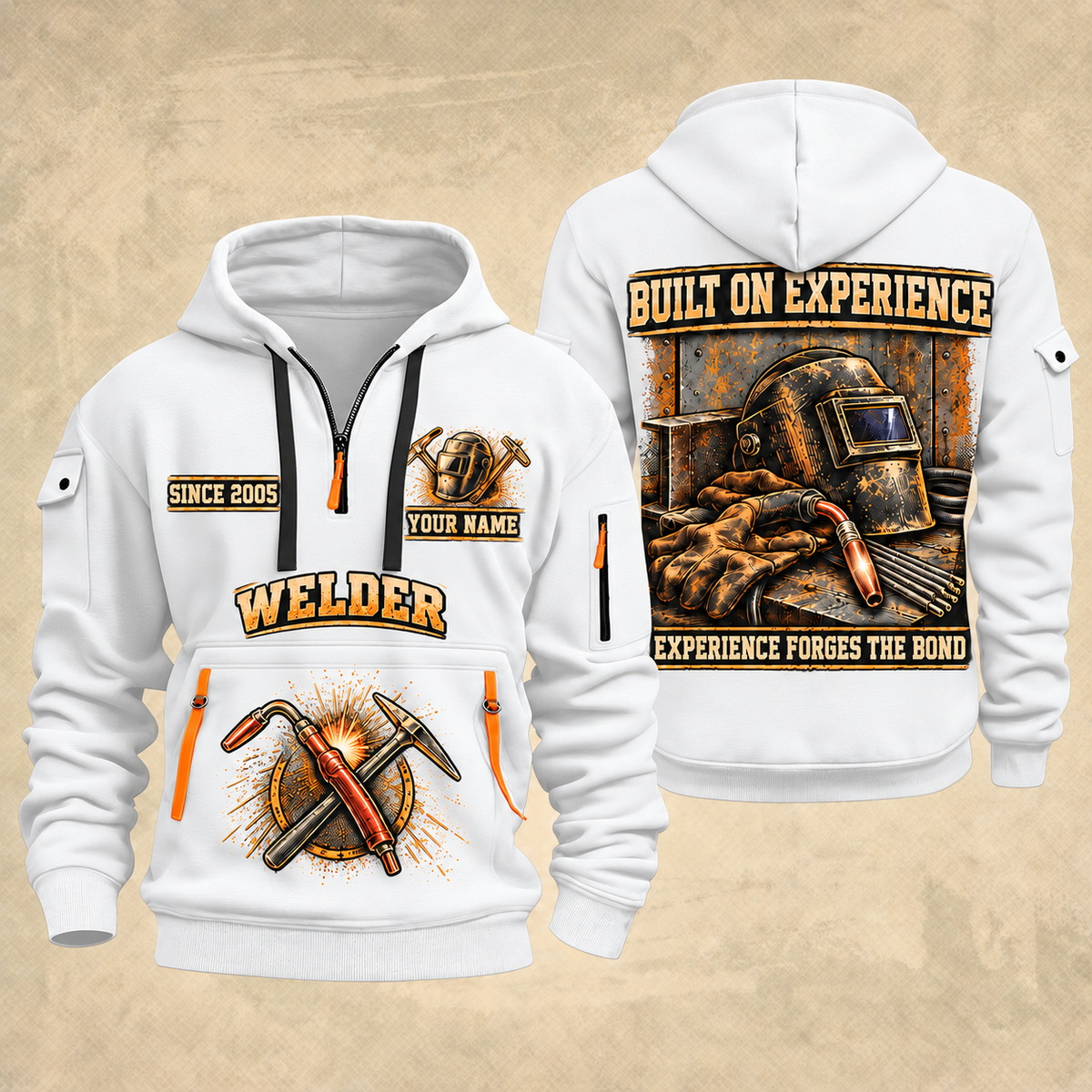 Welder Steel and Skill quarter-zip hoodie in White, front and back, YOUR NAME and SINCE 2005 artwork