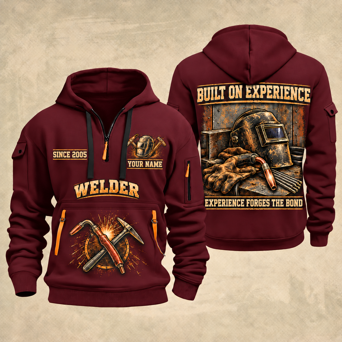 Welder Steel and Skill quarter-zip hoodie in Wine Red, front and back, YOUR NAME and SINCE 2005 artwork