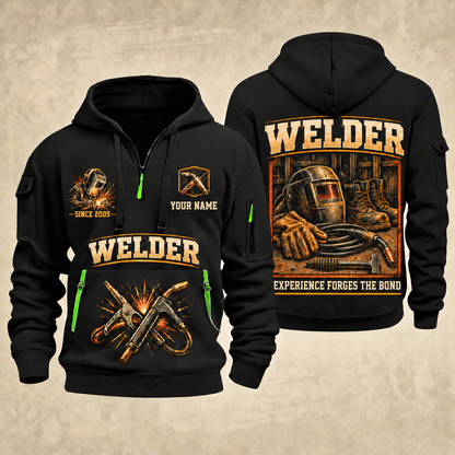 Welder Heritage Welders Badge quarter-zip hoodie in Black, front and back, YOUR NAME and SINCE 2005 artwork