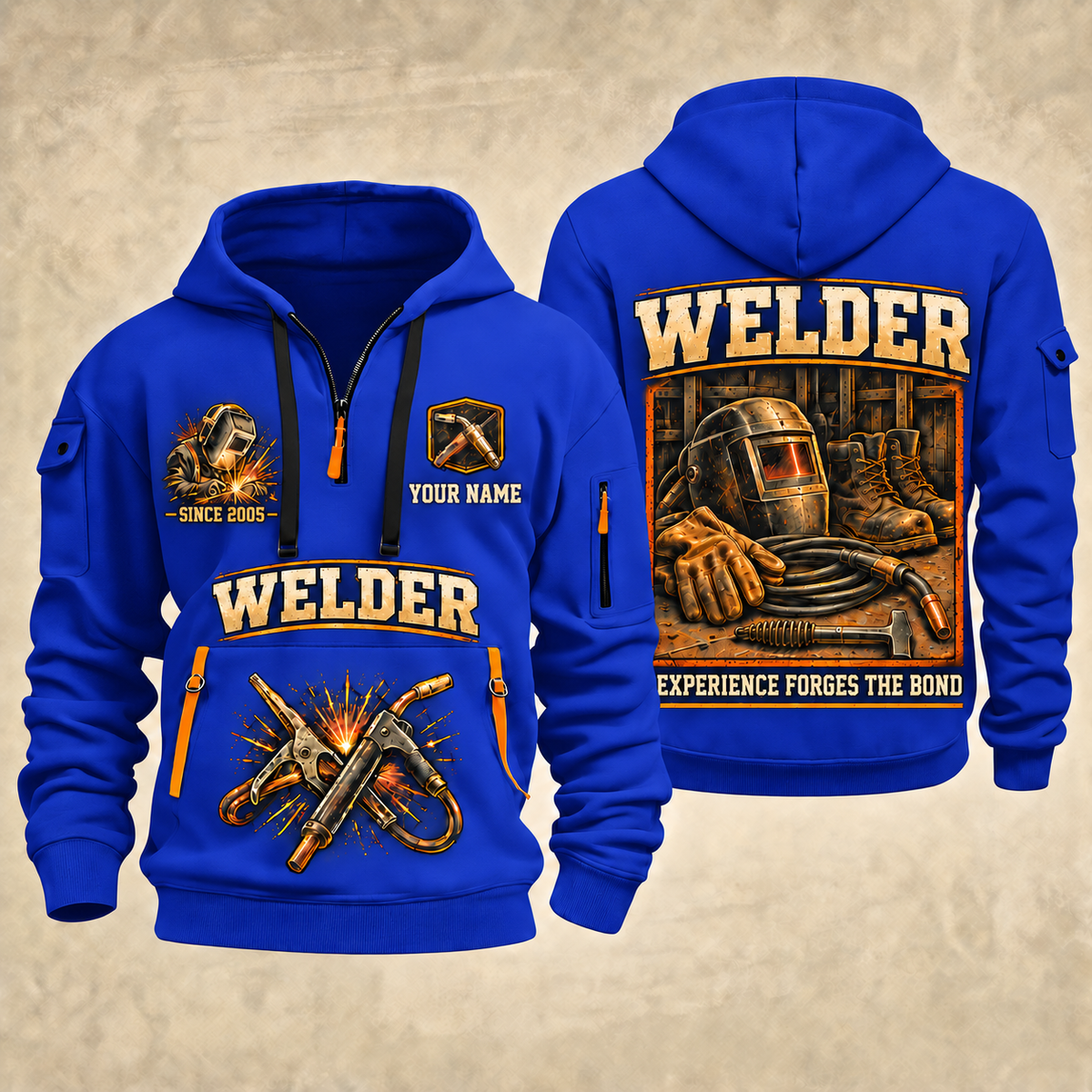 Welder Heritage Welders Badge quarter-zip hoodie in Blue, front and back, YOUR NAME and SINCE 2005 artwork