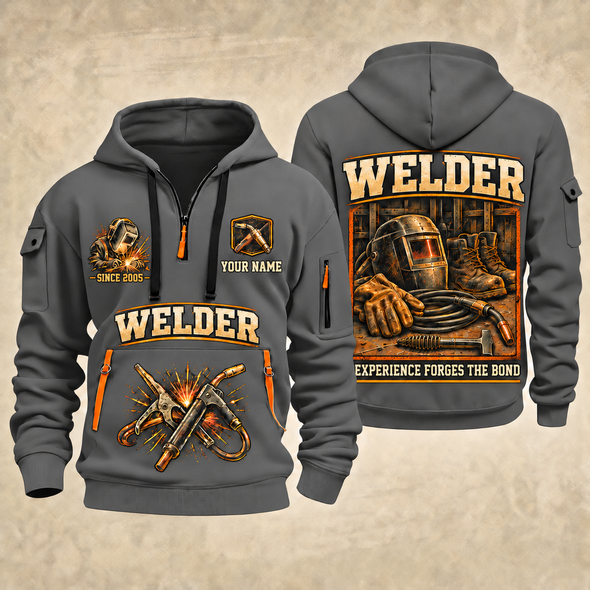 Welder Heritage Welders Badge quarter-zip hoodie in Gray, front and back, YOUR NAME and SINCE 2005 artwork