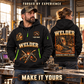 Welder wearing Heritage Welders Badge quarter-zip hoodie in their workplace; product introduction and shopping call to action