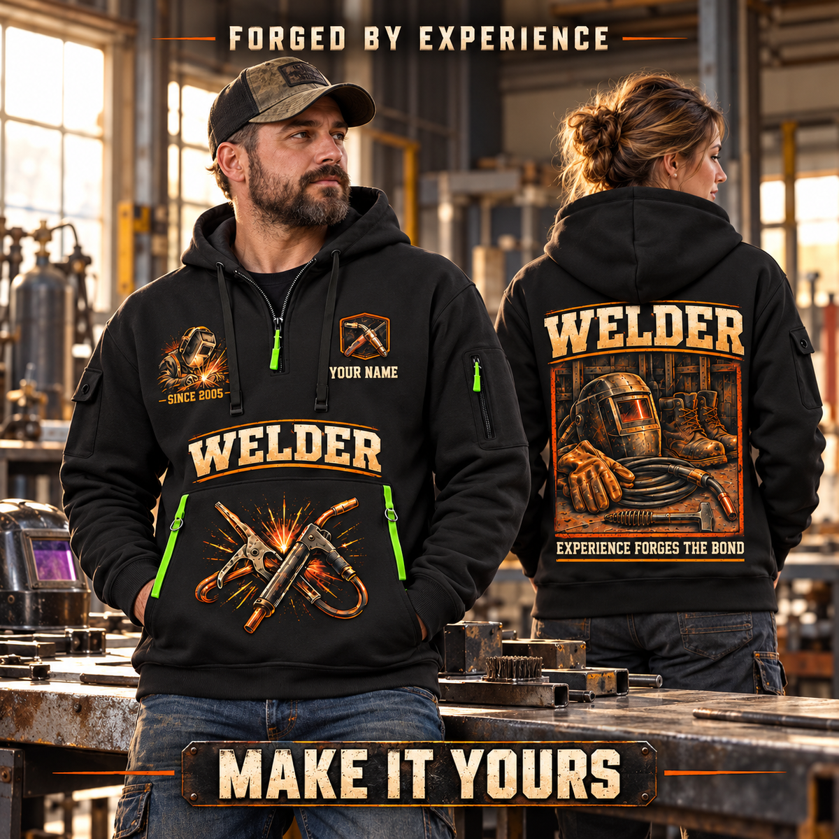 Welder wearing Heritage Welders Badge quarter-zip hoodie in their workplace; product introduction and shopping call to action