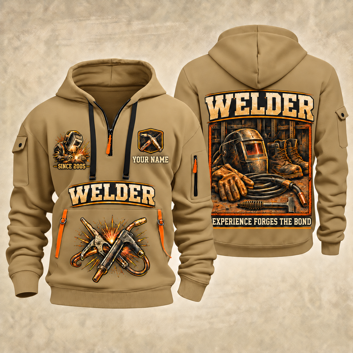 Welder Heritage Welders Badge quarter-zip hoodie in Khaki, front and back, YOUR NAME and SINCE 2005 artwork