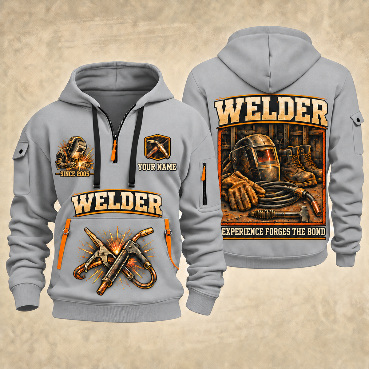 Welder Heritage Welders Badge quarter-zip hoodie in Light Grey, front and back, YOUR NAME and SINCE 2005 artwork