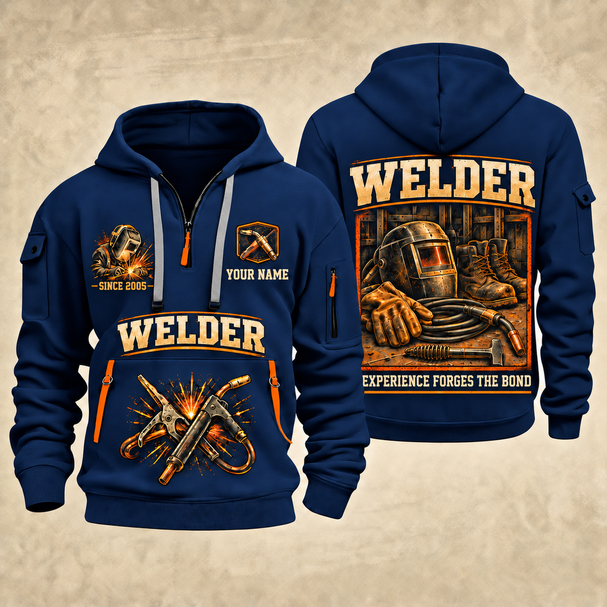 Welder Heritage Welders Badge quarter-zip hoodie in Navy, front and back, YOUR NAME and SINCE 2005 artwork