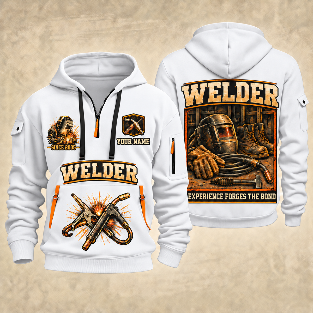 Welder Heritage Welders Badge quarter-zip hoodie in White, front and back, YOUR NAME and SINCE 2005 artwork