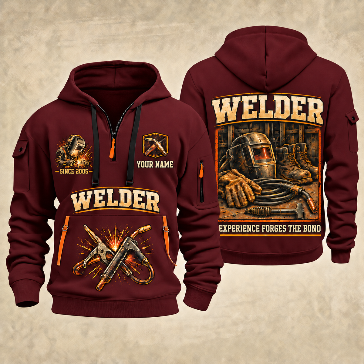 Welder Heritage Welders Badge quarter-zip hoodie in Wine Red, front and back, YOUR NAME and SINCE 2005 artwork