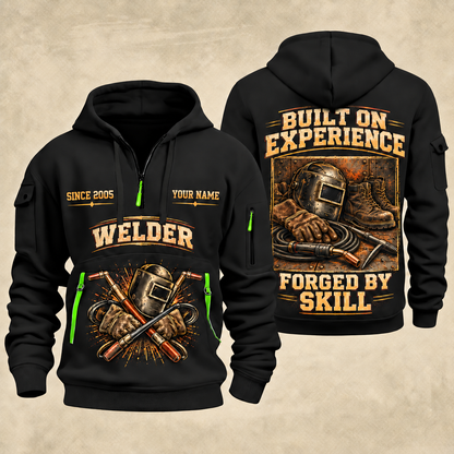 Welder Built on Experience quarter-zip hoodie in Black, front and back, YOUR NAME and SINCE 2005 artwork
