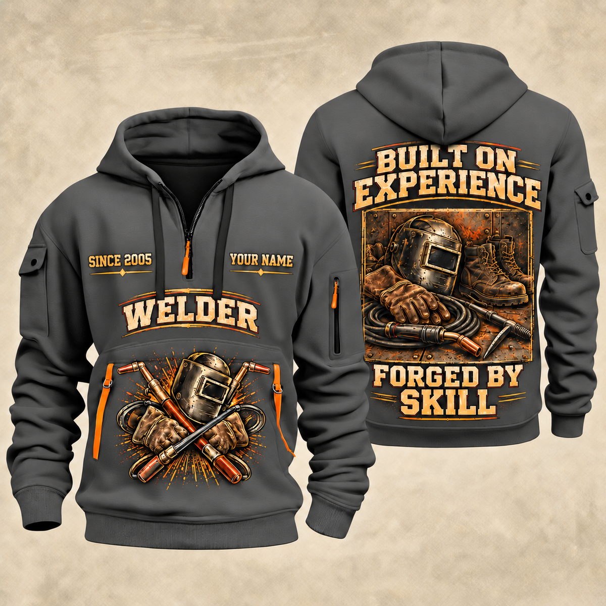 Welder Built on Experience quarter-zip hoodie in Gray, front and back, YOUR NAME and SINCE 2005 artwork