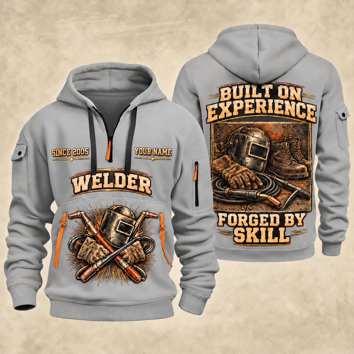 Welder Built on Experience quarter-zip hoodie in Light Grey, front and back, YOUR NAME and SINCE 2005 artwork
