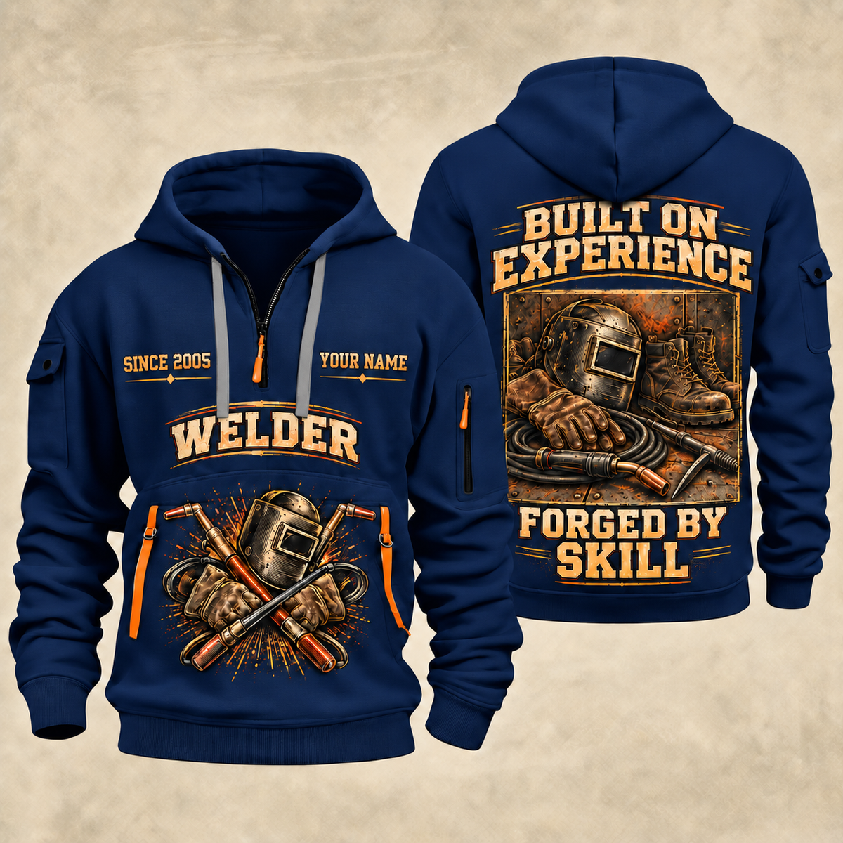 Welder Built on Experience quarter-zip hoodie in Navy, front and back, YOUR NAME and SINCE 2005 artwork