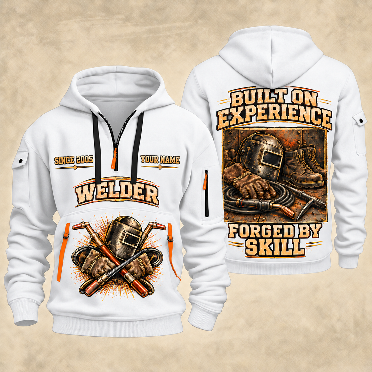 Welder Built on Experience quarter-zip hoodie in White, front and back, YOUR NAME and SINCE 2005 artwork