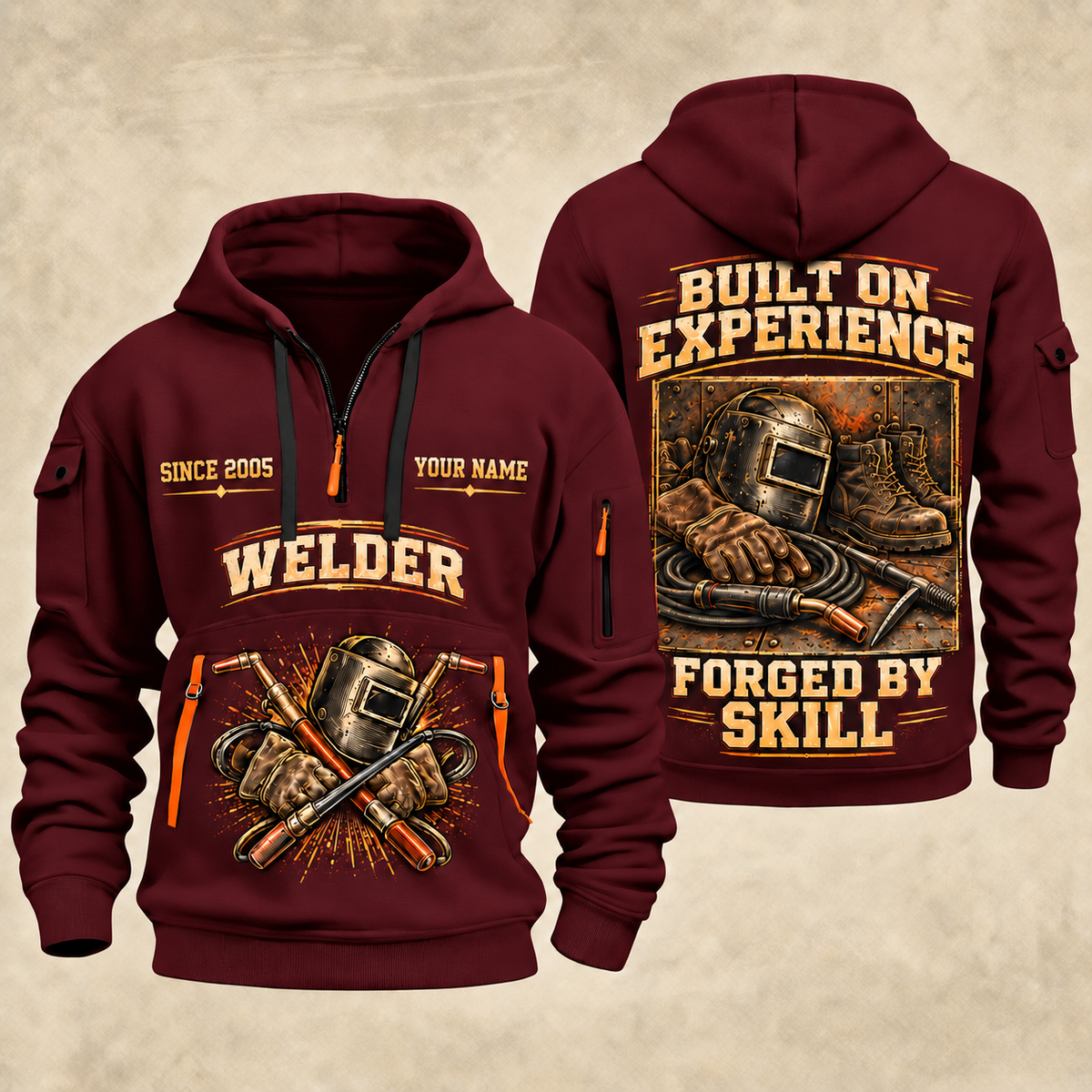 Welder Built on Experience quarter-zip hoodie in Wine Red, front and back, YOUR NAME and SINCE 2005 artwork