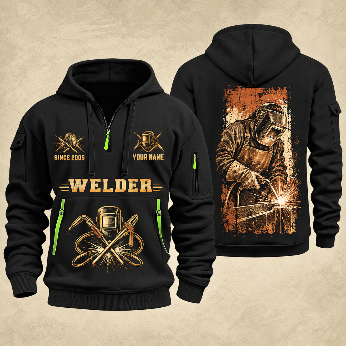 Welder Golden Craftsman quarter-zip hoodie in Black, front and back, YOUR NAME and SINCE 2005 artwork