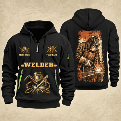 Welder Golden Craftsman quarter-zip hoodie in Black, front and back, YOUR NAME and SINCE 2005 artwork