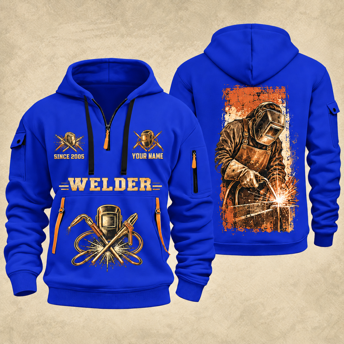 Welder Golden Craftsman quarter-zip hoodie in Blue, front and back, YOUR NAME and SINCE 2005 artwork