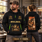 Welder wearing Golden Craftsman quarter-zip hoodie in their workplace; product introduction and shopping call to action
