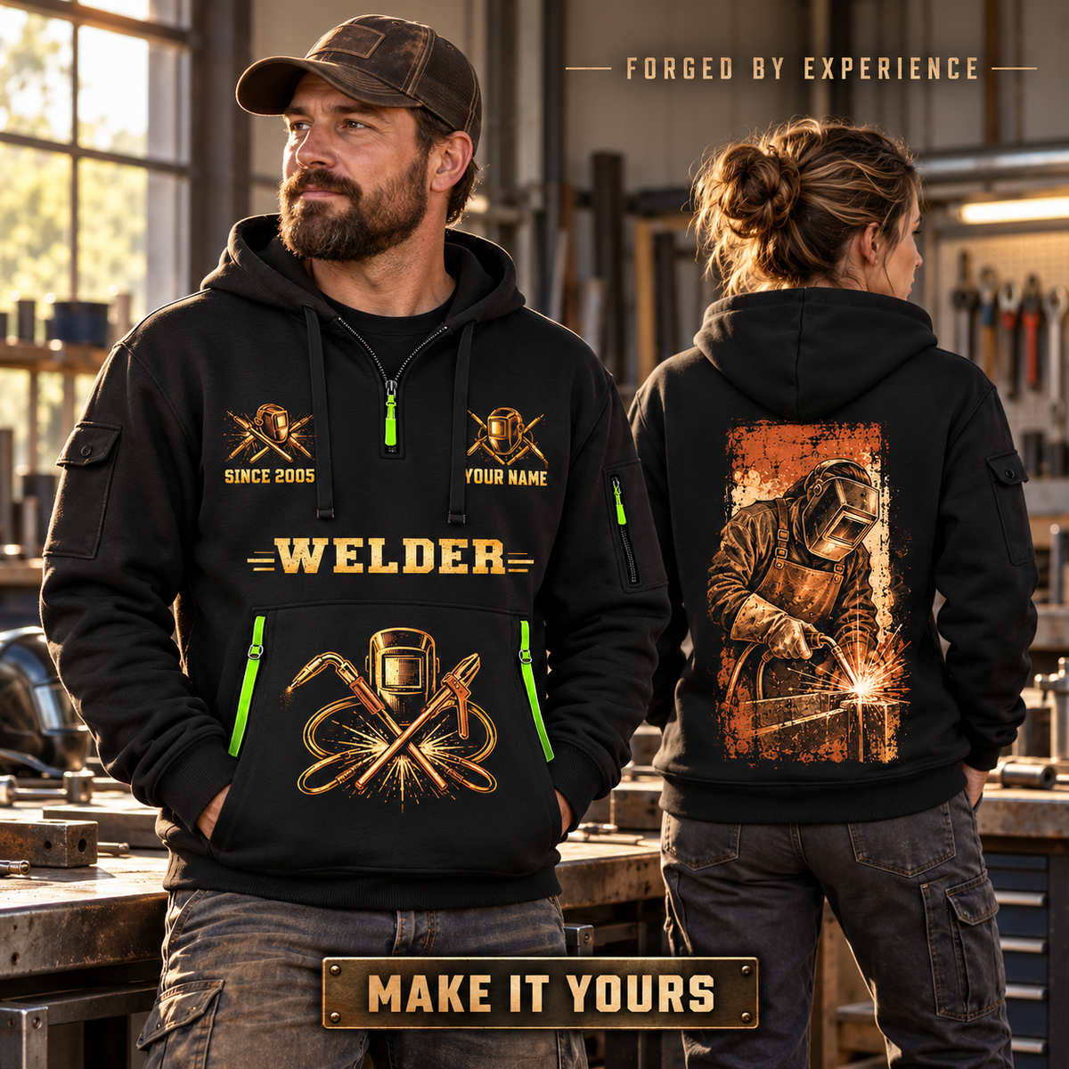 Welder wearing Golden Craftsman quarter-zip hoodie in their workplace; product introduction and shopping call to action