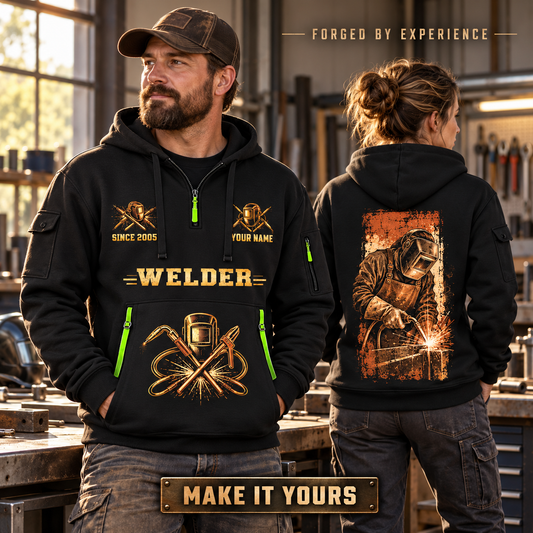 Welder wearing Golden Craftsman quarter-zip hoodie in their workplace; product introduction and shopping call to action