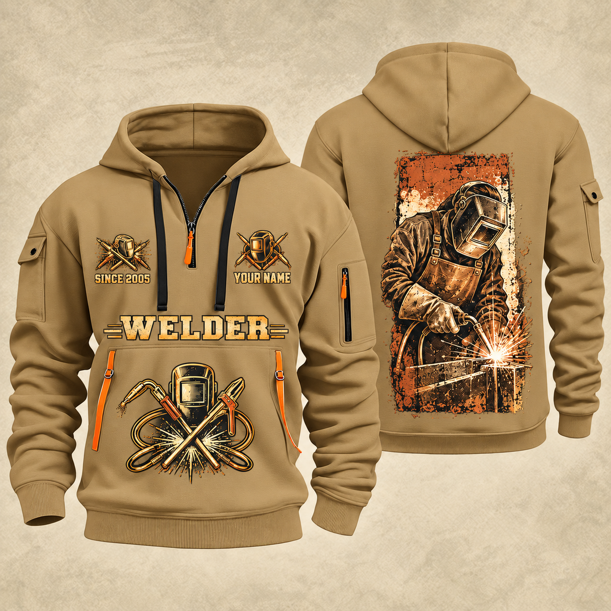 Welder Golden Craftsman quarter-zip hoodie in Khaki, front and back, YOUR NAME and SINCE 2005 artwork