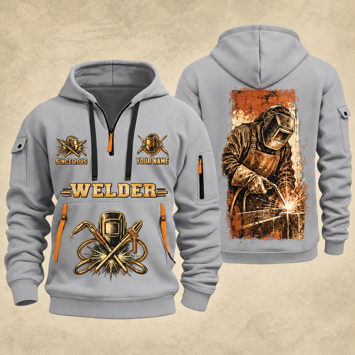 Welder Golden Craftsman quarter-zip hoodie in Light Grey, front and back, YOUR NAME and SINCE 2005 artwork