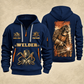 Welder Golden Craftsman quarter-zip hoodie in Navy, front and back, YOUR NAME and SINCE 2005 artwork