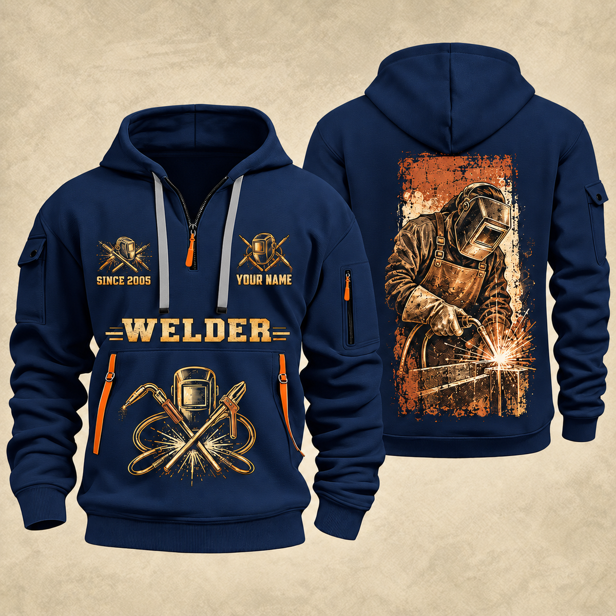 Welder Golden Craftsman quarter-zip hoodie in Navy, front and back, YOUR NAME and SINCE 2005 artwork