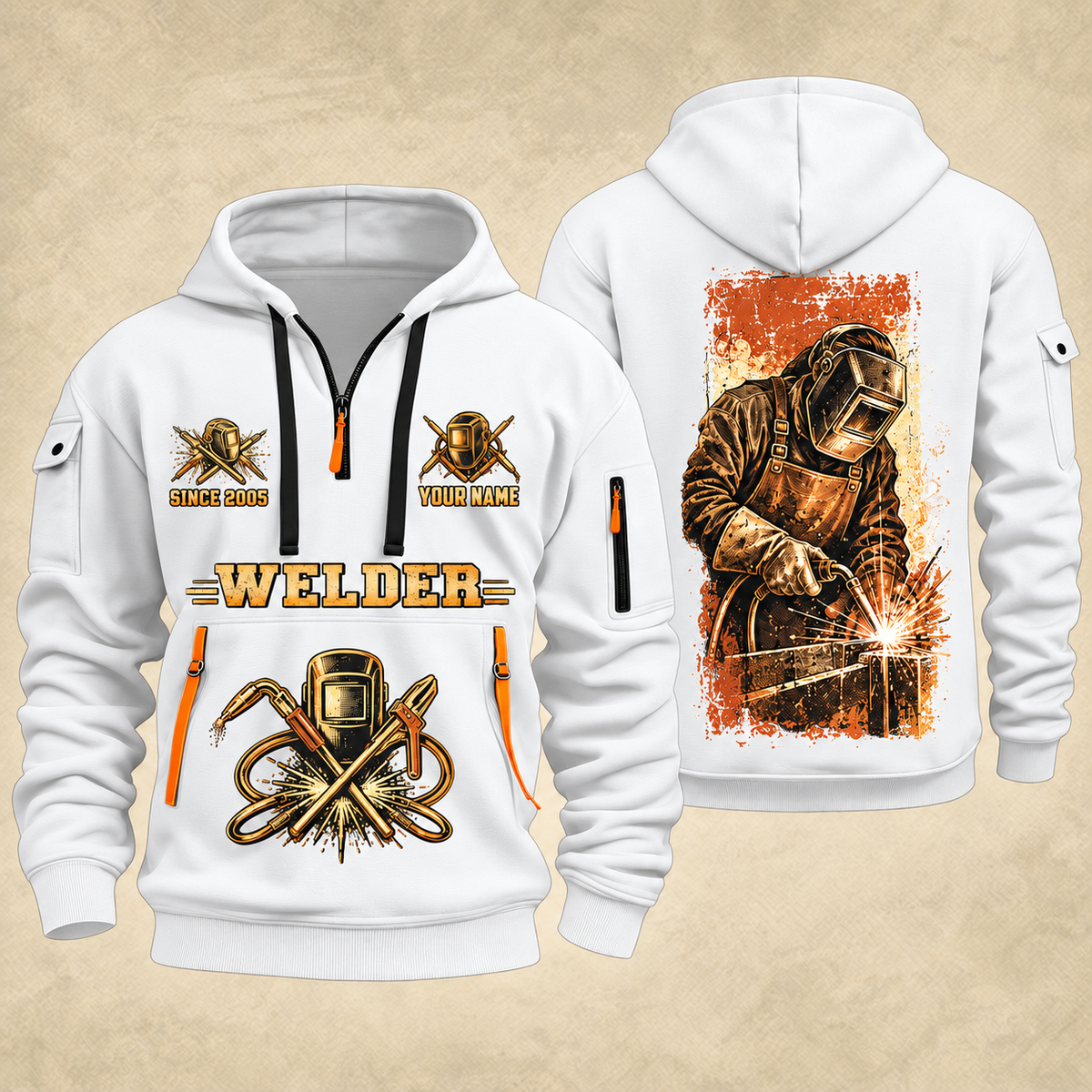 Welder Golden Craftsman quarter-zip hoodie in White, front and back, YOUR NAME and SINCE 2005 artwork