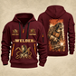 Welder Golden Craftsman quarter-zip hoodie in Wine Red, front and back, YOUR NAME and SINCE 2005 artwork