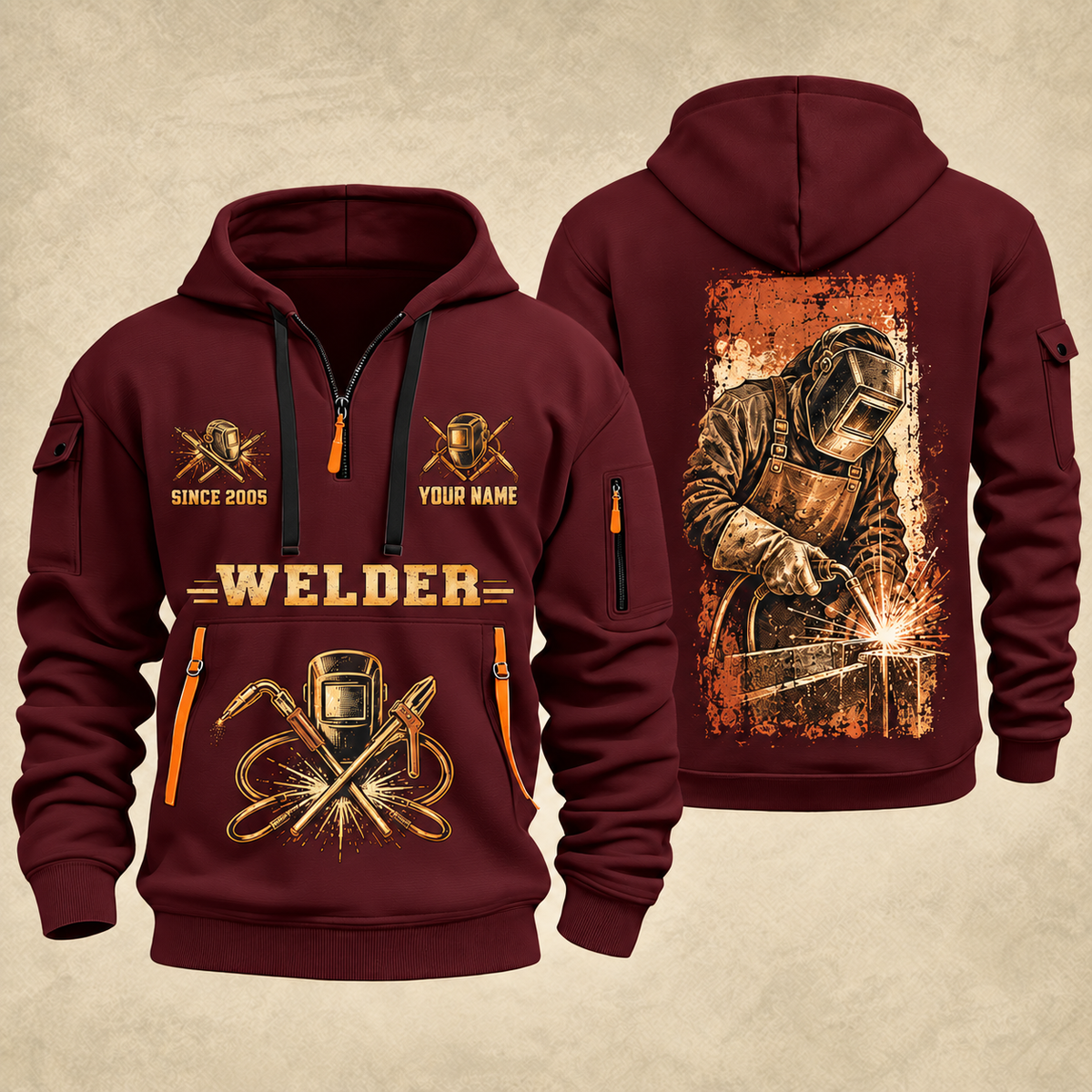 Welder Golden Craftsman quarter-zip hoodie in Wine Red, front and back, YOUR NAME and SINCE 2005 artwork