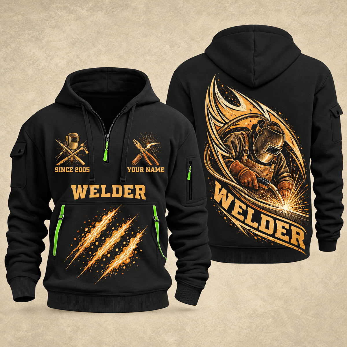 Welder Arc Flame Crest quarter-zip hoodie in Black, front and back, YOUR NAME and SINCE 2005 artwork