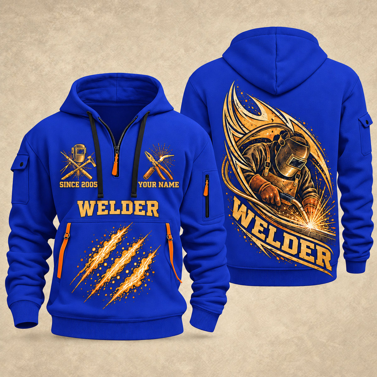 Welder Arc Flame Crest quarter-zip hoodie in Blue, front and back, YOUR NAME and SINCE 2005 artwork
