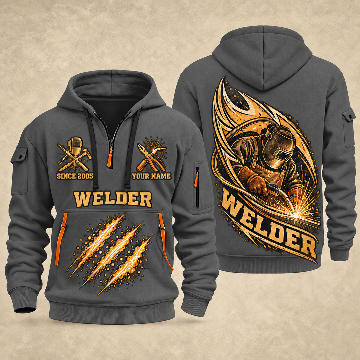 Welder Arc Flame Crest quarter-zip hoodie in Gray, front and back, YOUR NAME and SINCE 2005 artwork