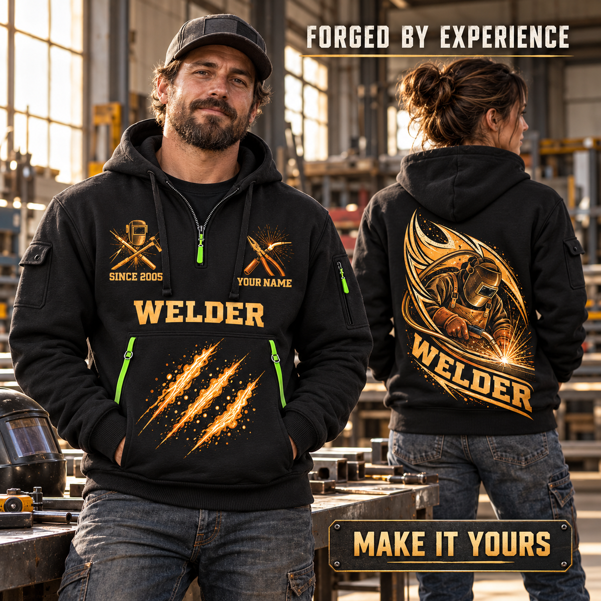 Welder wearing Arc Flame Crest quarter-zip hoodie in their workplace; product introduction and shopping call to action