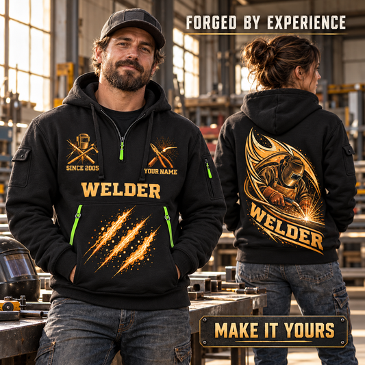 Welder wearing Arc Flame Crest quarter-zip hoodie in their workplace; product introduction and shopping call to action