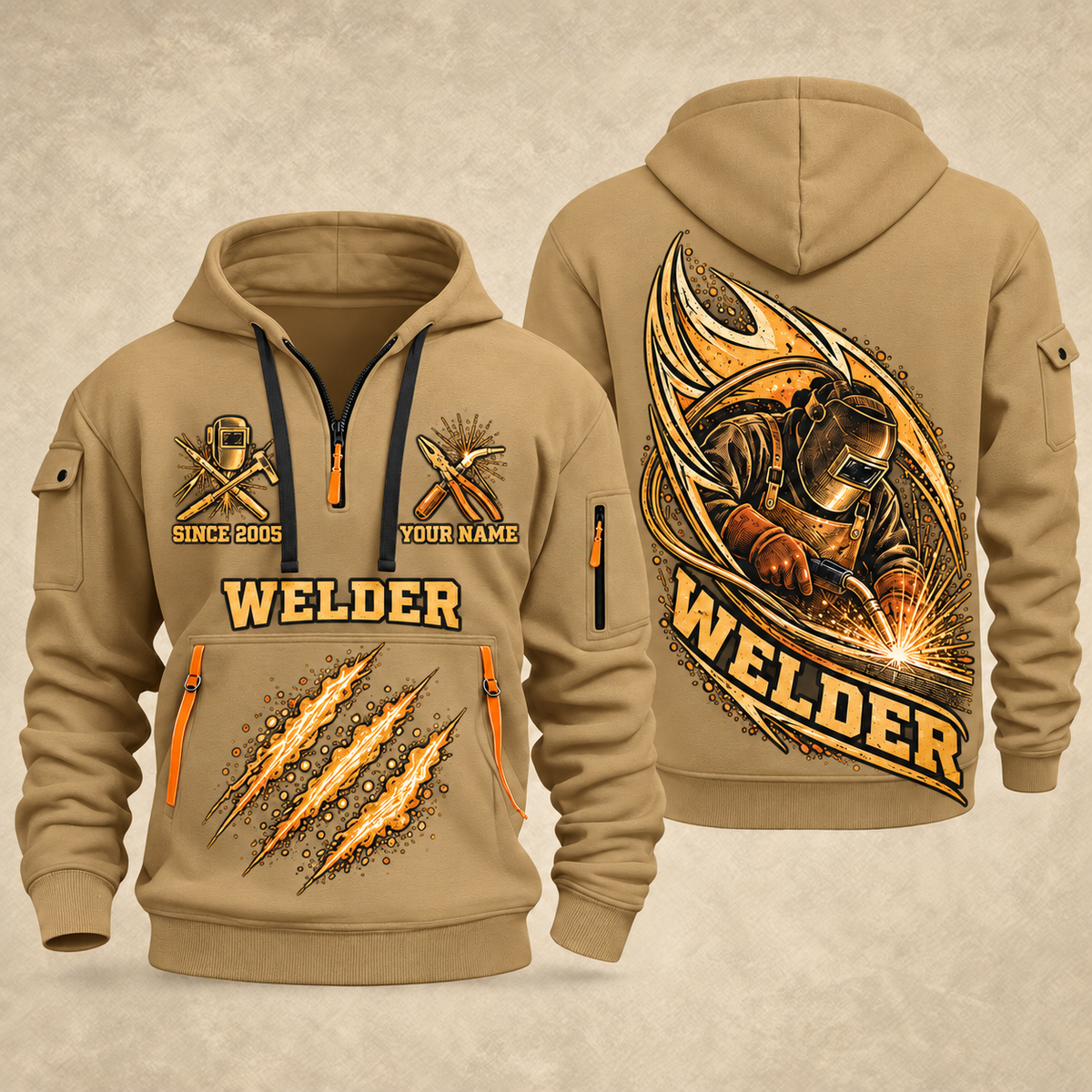 Welder Arc Flame Crest quarter-zip hoodie in Khaki, front and back, YOUR NAME and SINCE 2005 artwork