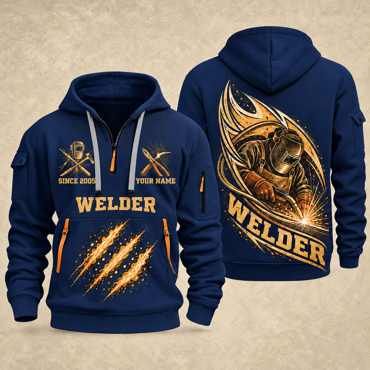 Welder Arc Flame Crest quarter-zip hoodie in Navy, front and back, YOUR NAME and SINCE 2005 artwork