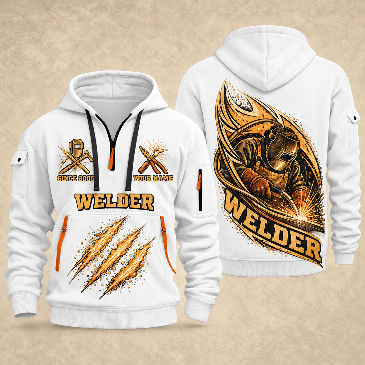 Welder Arc Flame Crest quarter-zip hoodie in White, front and back, YOUR NAME and SINCE 2005 artwork